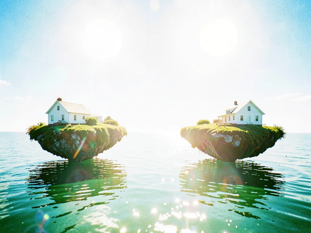 Floating island chains drift above a glassy sea at noon, each island carrying a 