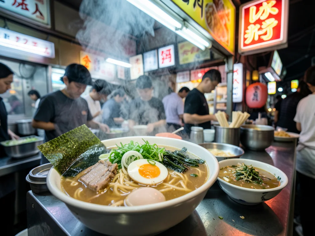 A ramen stall counter in Osaka, bowls of rich tonkotsu broth being assembled — n