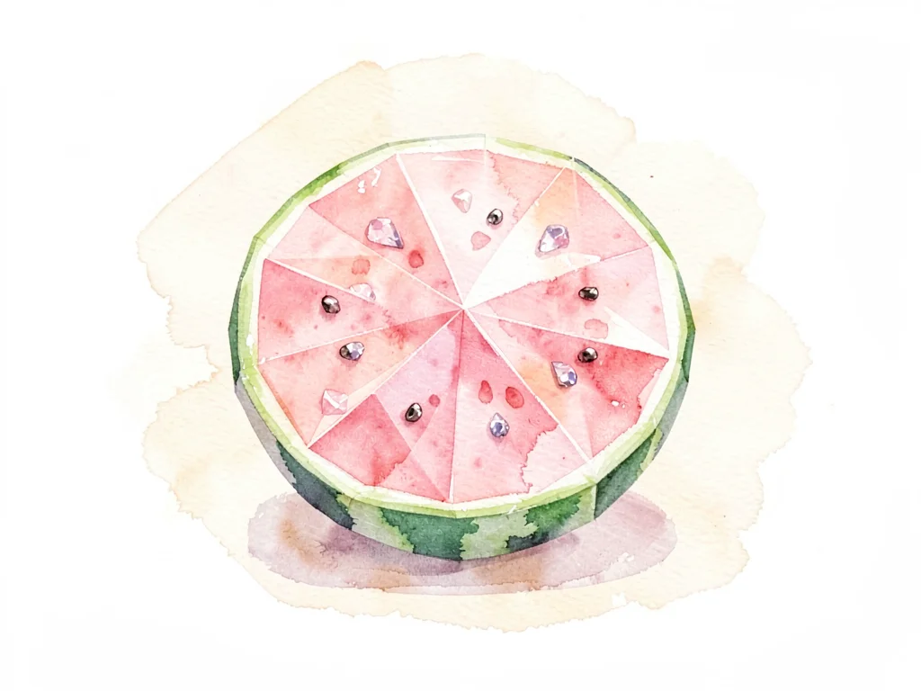 Crystalline rose-quartz lowpoly slice of watermelon with faceted pink flesh and 