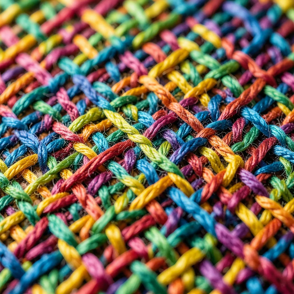 Hand-woven textile in spring colors, loose weave allowing light through