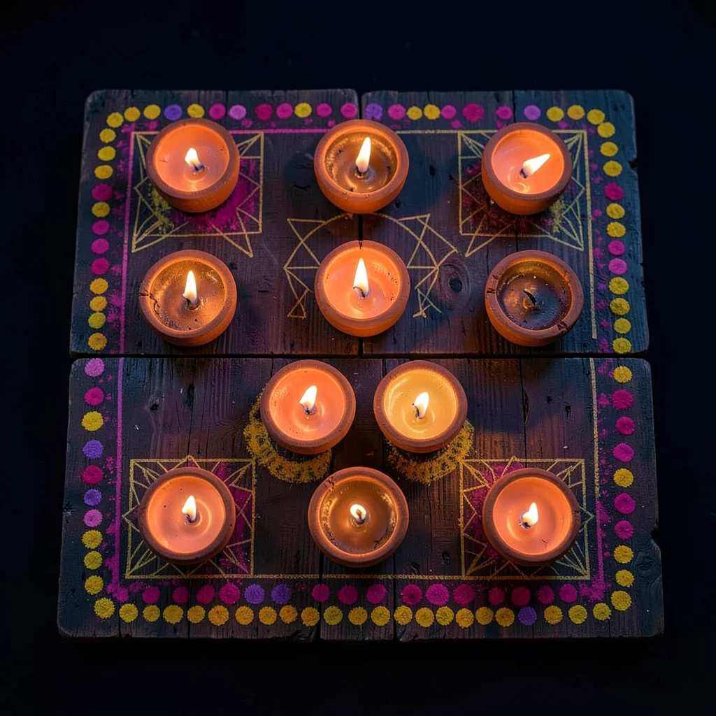 Four-by-Four Diya Grid on Dark Wood