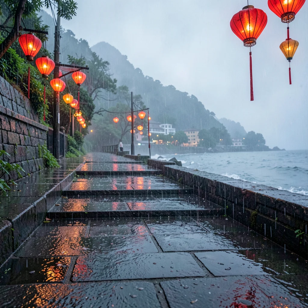 Jiufen rain beauty, wet mountain coastal, Red paper lanterns reflected in rain-w