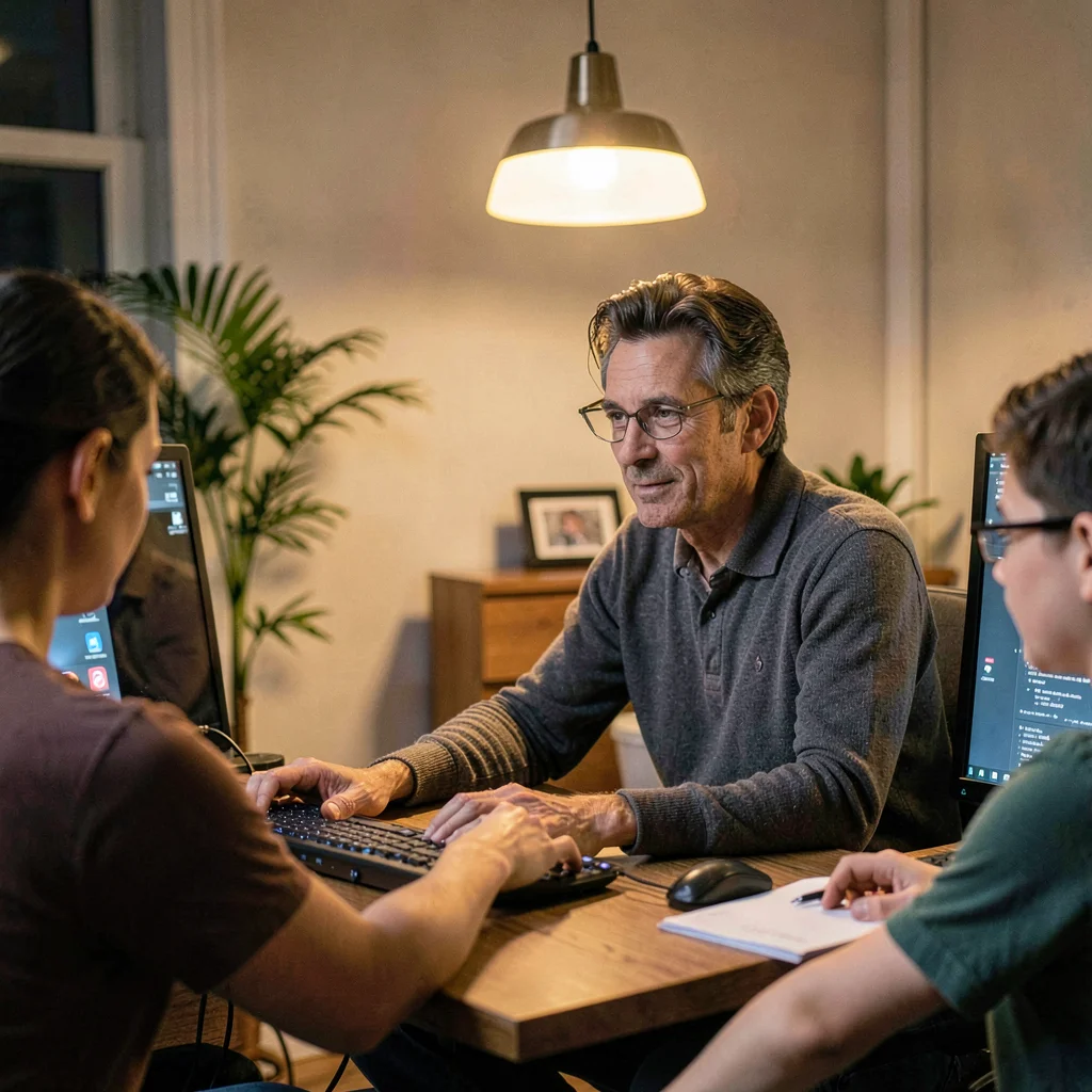 Portrait of an instructor at a console teaching a small group, warm pendant glow
