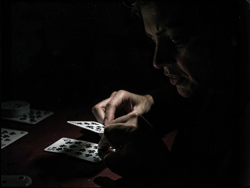 Hands dealing cards in darkness