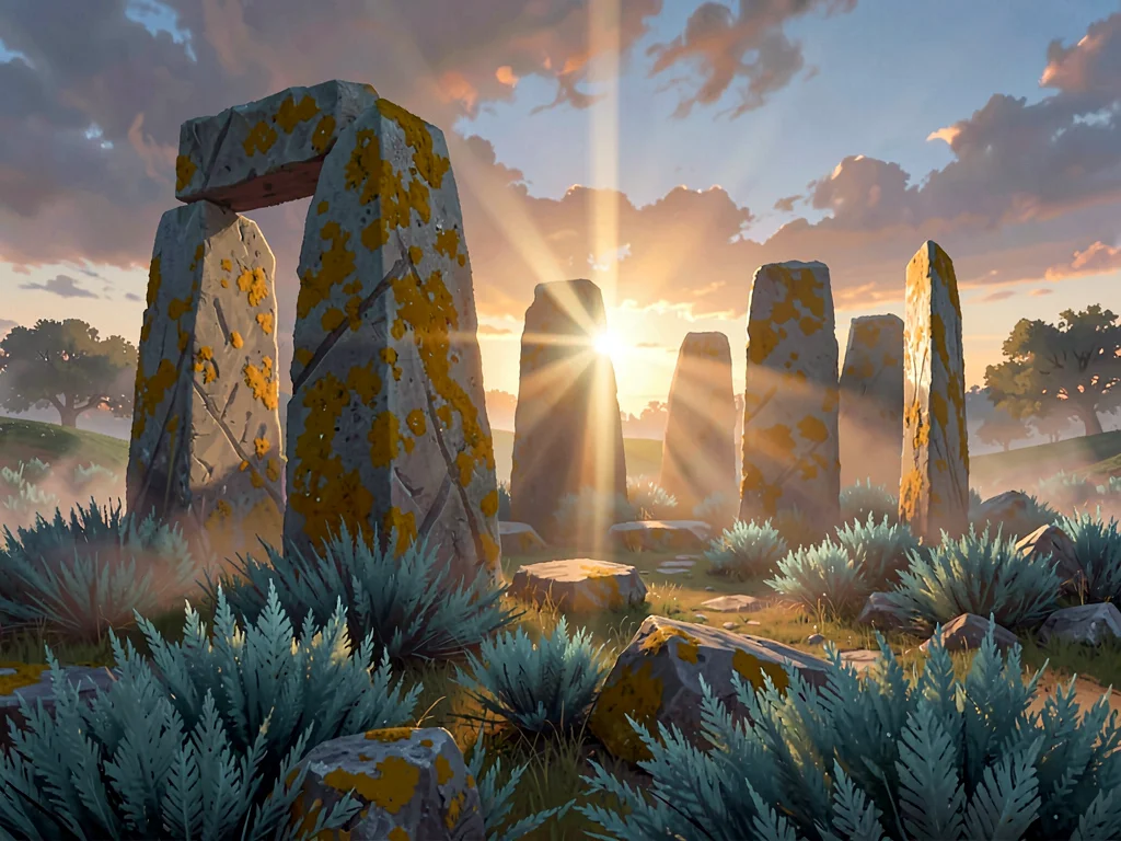 Megalith stone circle at dawn with a single sun shaft splitting standing stones,