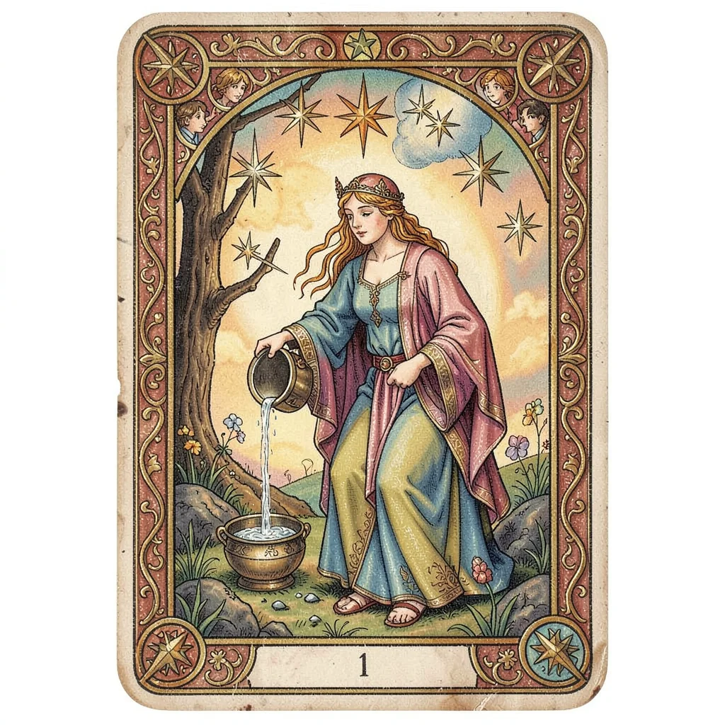 Tarot card illustration, The Star maiden pouring water, eight stars above , symb