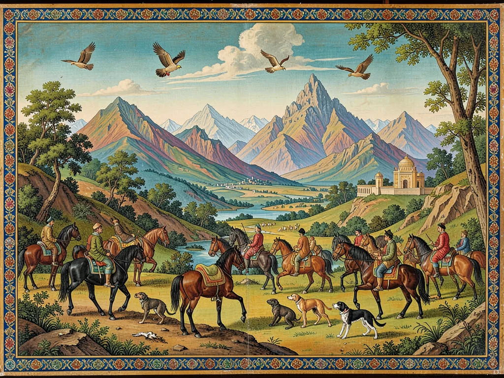 Mountain hunting scene — horses, hounds, falcons in a wide panoramic composition