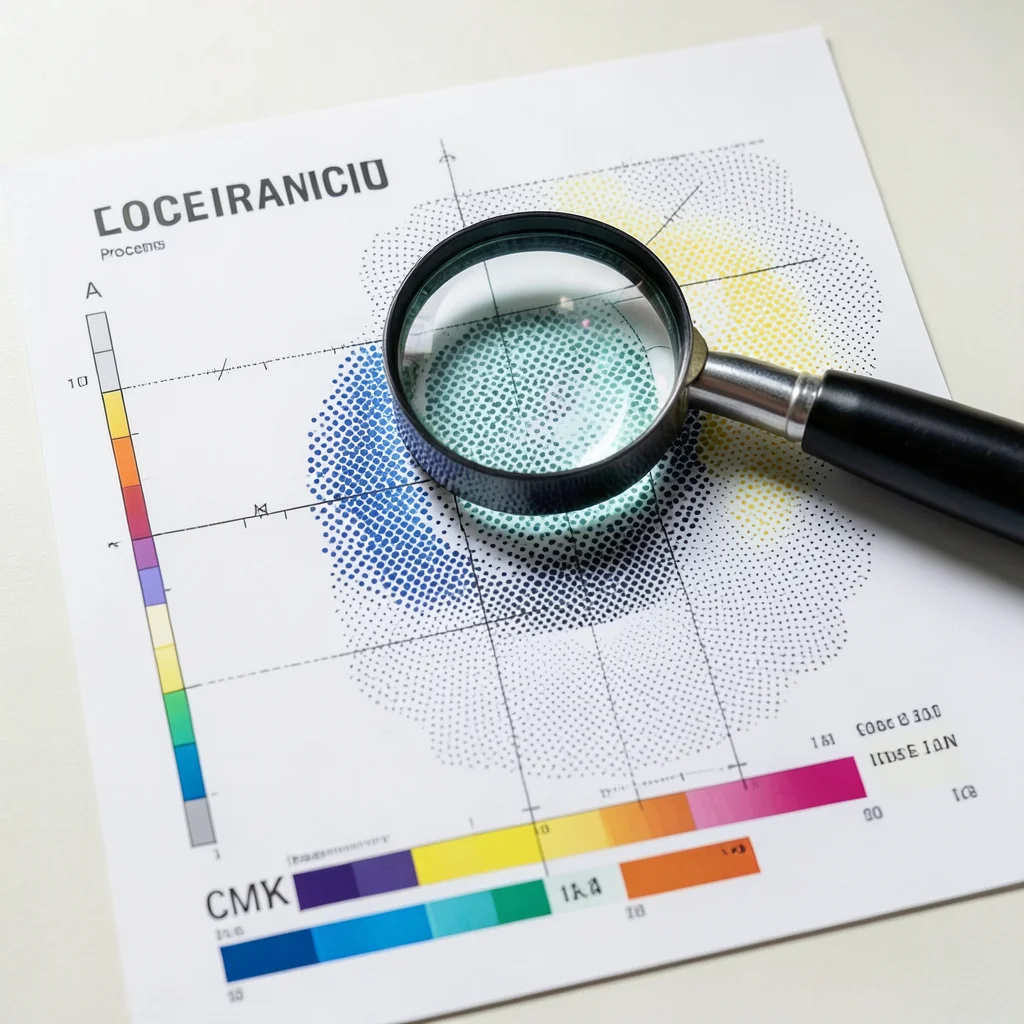 A loupe magnifier placed on a printed sheet, the circular lens revealing enlarge