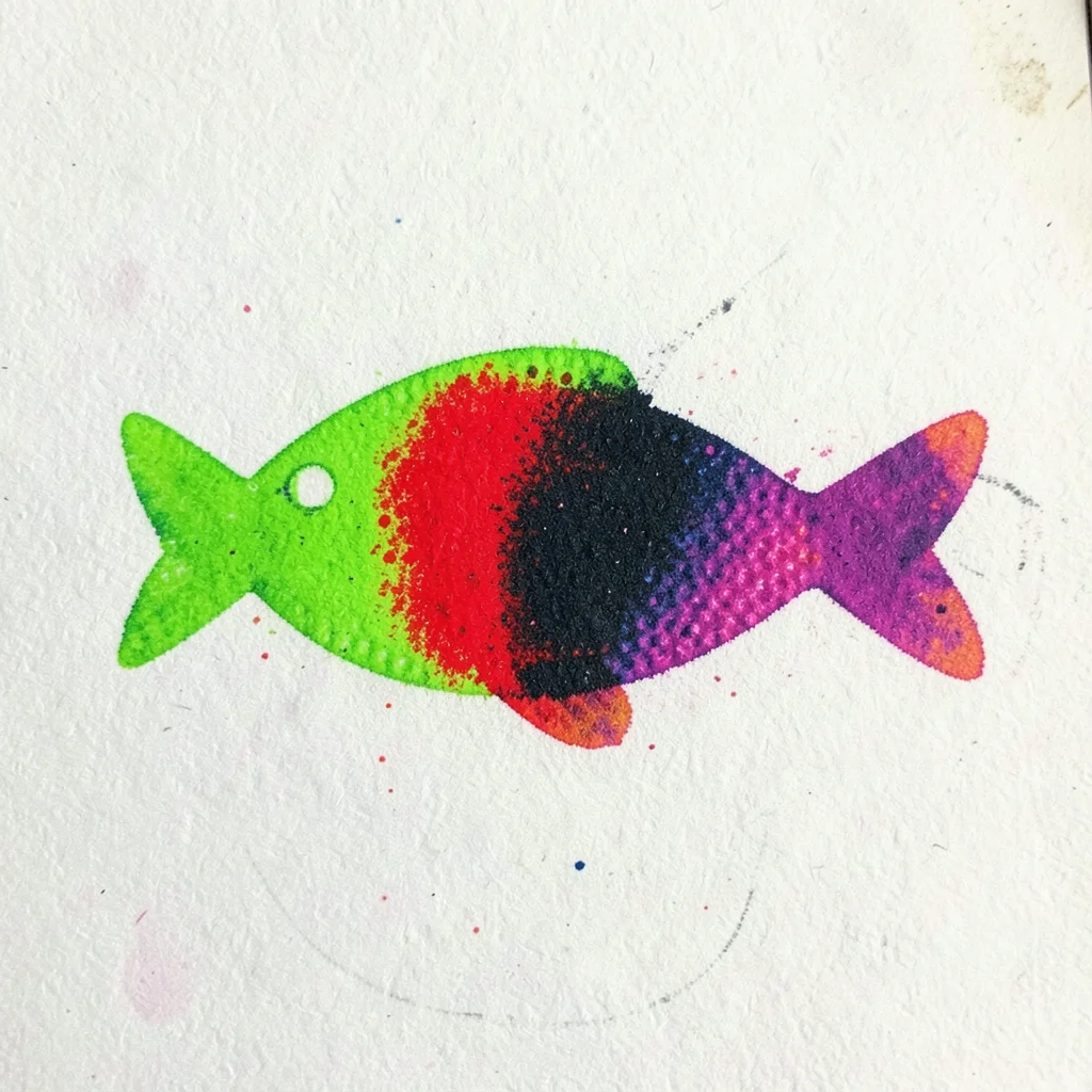 Riso overprint of a simple fish shape: first pass fluorescent green, second pass