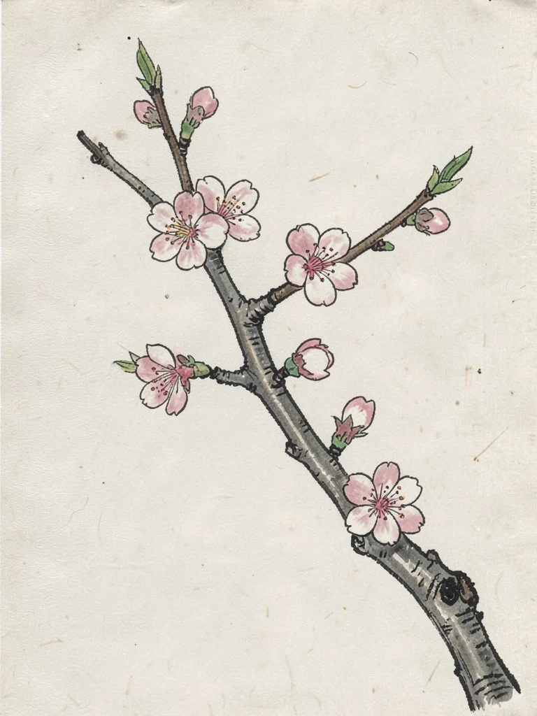 Spring cherry branch with a few open blossoms, minimal negative space