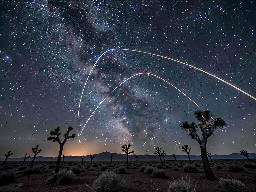 Night sky over desert, stars drawing long curves, Joshua trees standing witness