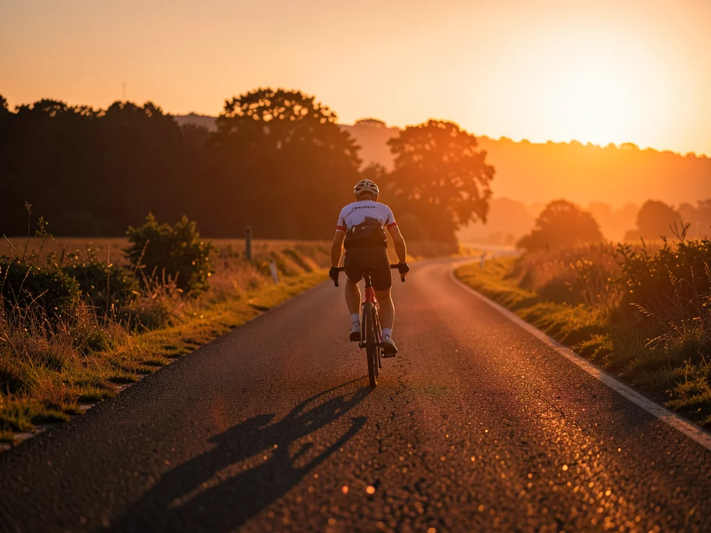 Cyclist on country road at dusk