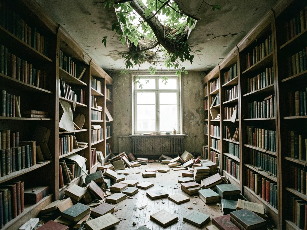Library with collapsed shelves, books strewn on floor, tree growing through the 