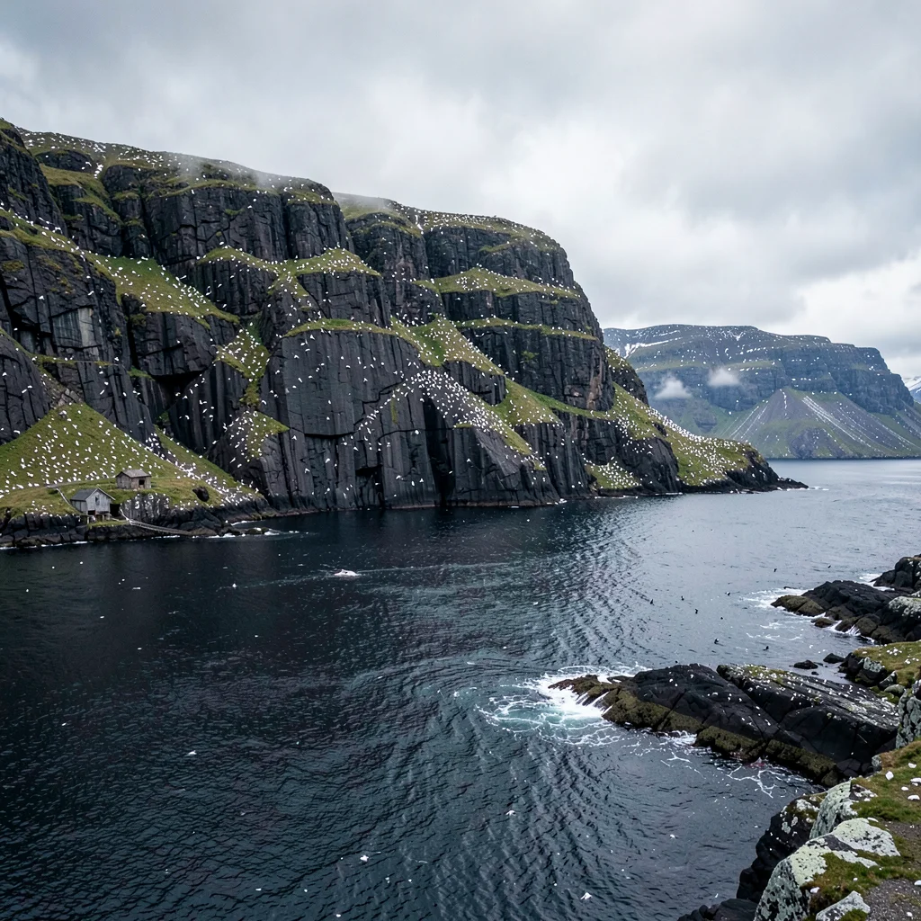 Icelandic isolation, Westfjords remoteness, Basalt cliff face with bird colonies