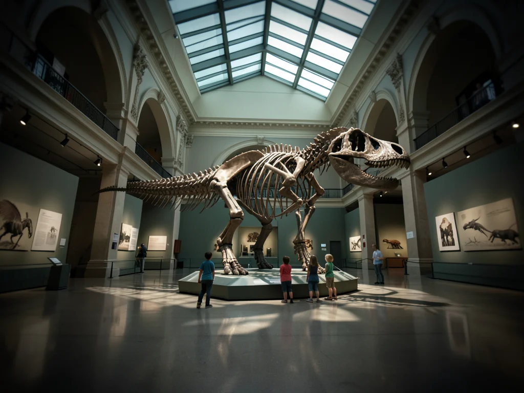 A natural history hall: dinosaur skeleton mounted in the center, children below 