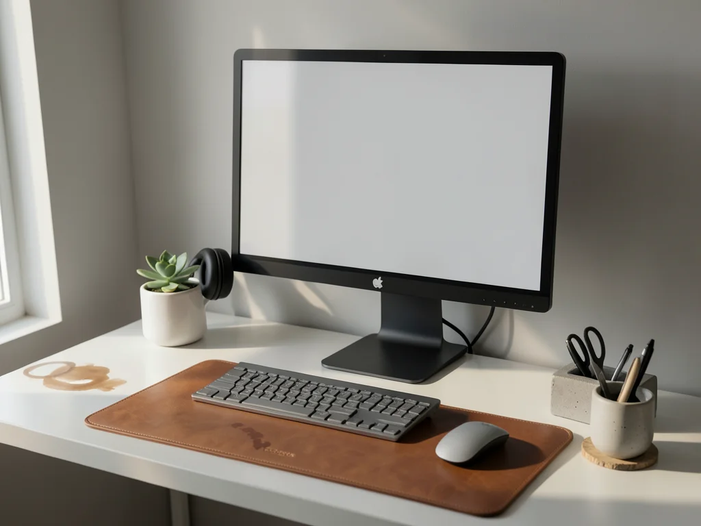A minimalist home office desk from slightly above, a single 27-inch monitor show