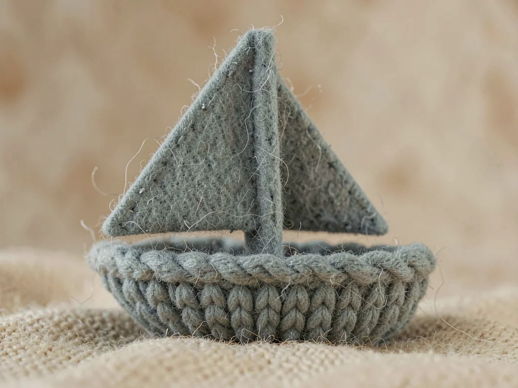 Sleek dusty-teal knit sailboat with a triangular bouclé sail and a chunky-knit h