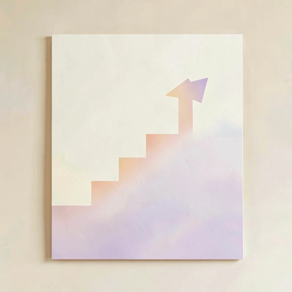 Abstract card with a single arrow climbing a stepped path, warm cream backdrop, 
