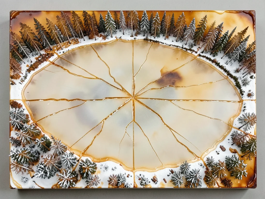 A frozen northern lake with pressure cracks radiating from the center and snow-c