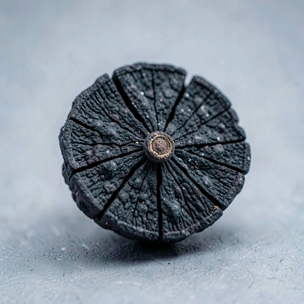 Studio macro of a single black peppercorn cross-section, fissured surface like v
