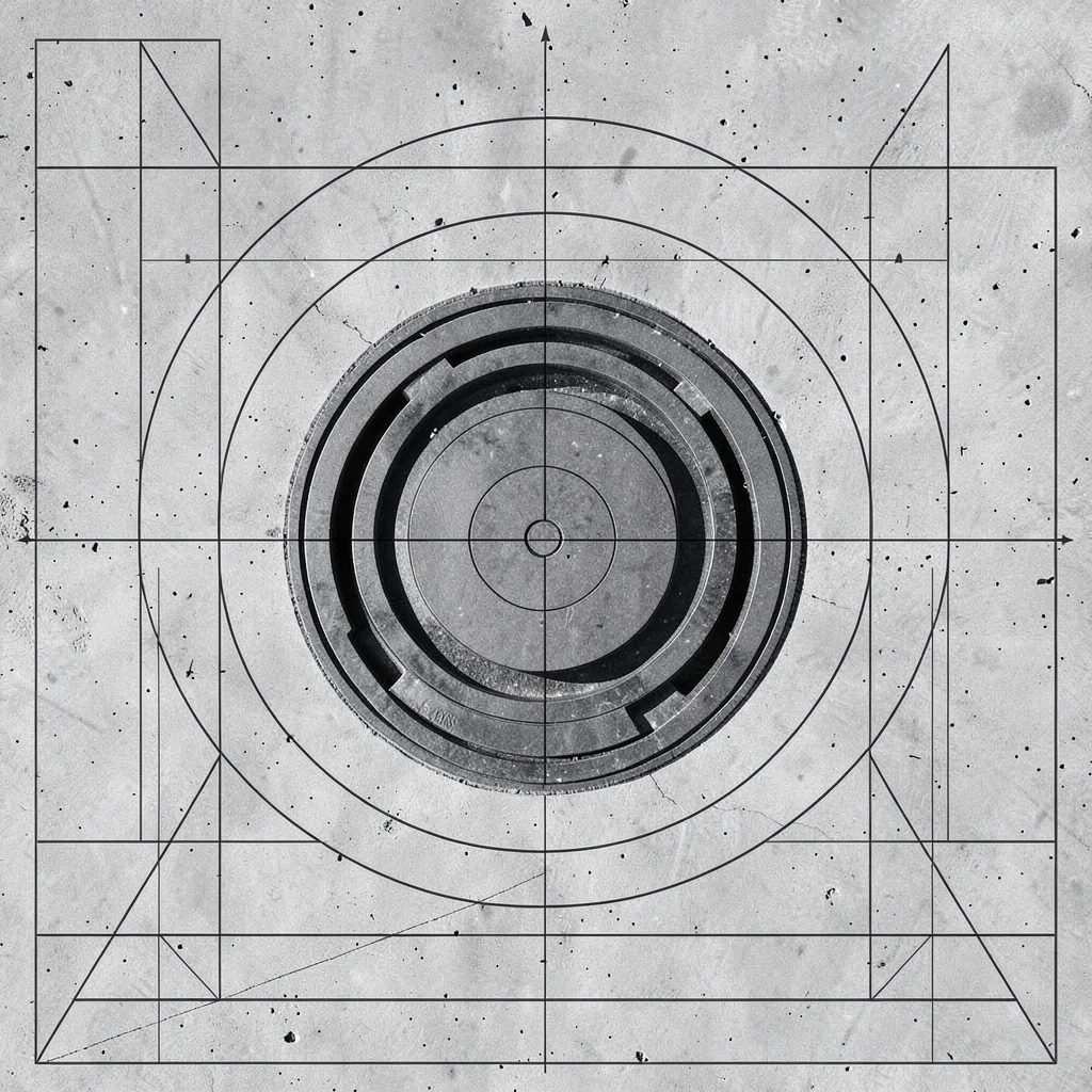 Circular manhole cover on concrete, concentric ring geometry, top-down view