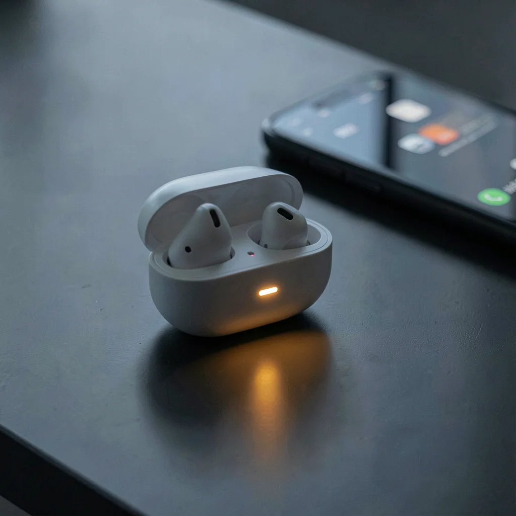 Stark Baltic minimalism, contemplative mood, Wireless earbuds in charging case o