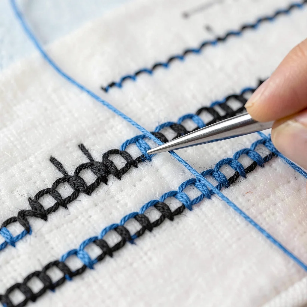 Needle and thread close-up on embroidery — needle mid-stitch in chain stitch row