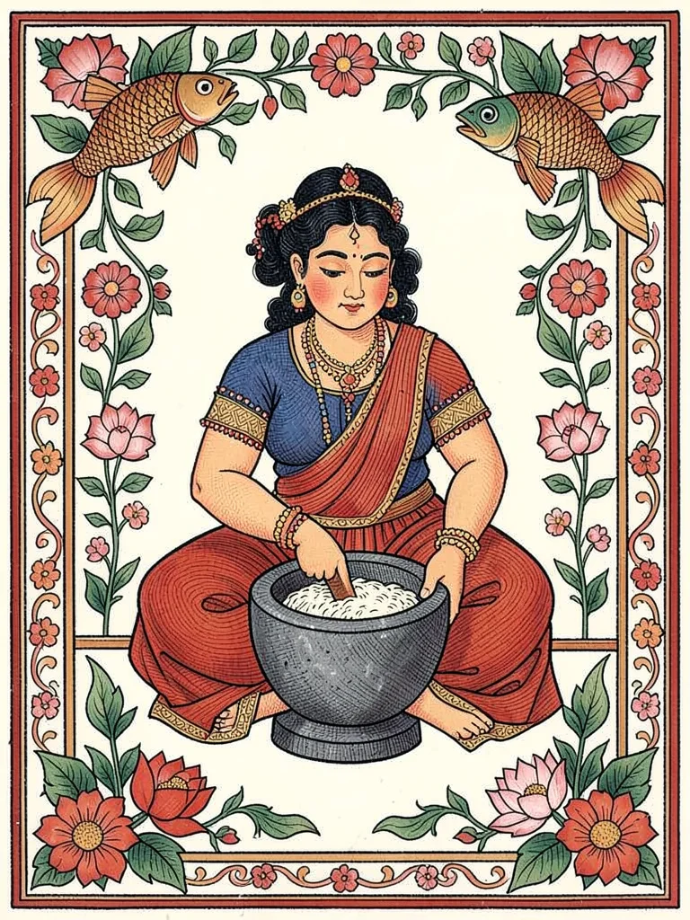 Seated woman grinding grain — stone mortar, rhythmic posture, surrounded by bord