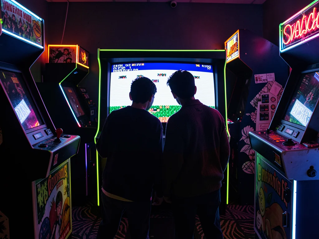 Two Players Silhouetted by Arcade Screen Glow