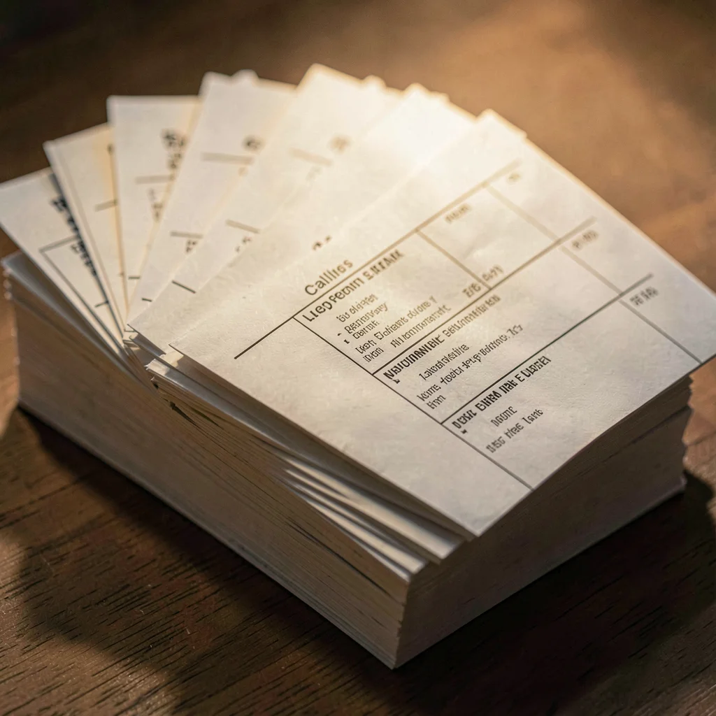 Stack of folded paper rectangles fanned like a callsheet pile, raking sidelight