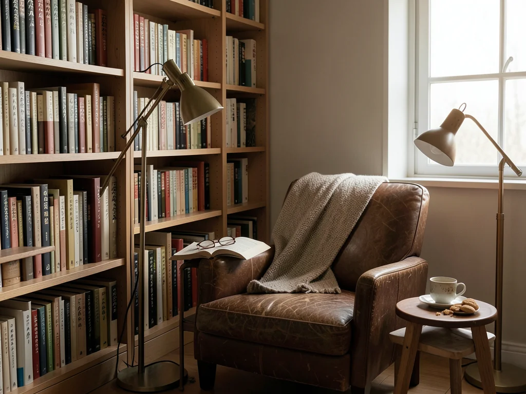 A home library or reading corner with a worn leather armchair, a floor lamp angl