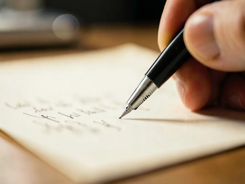 Pen tip writing on paper, desk dissolved