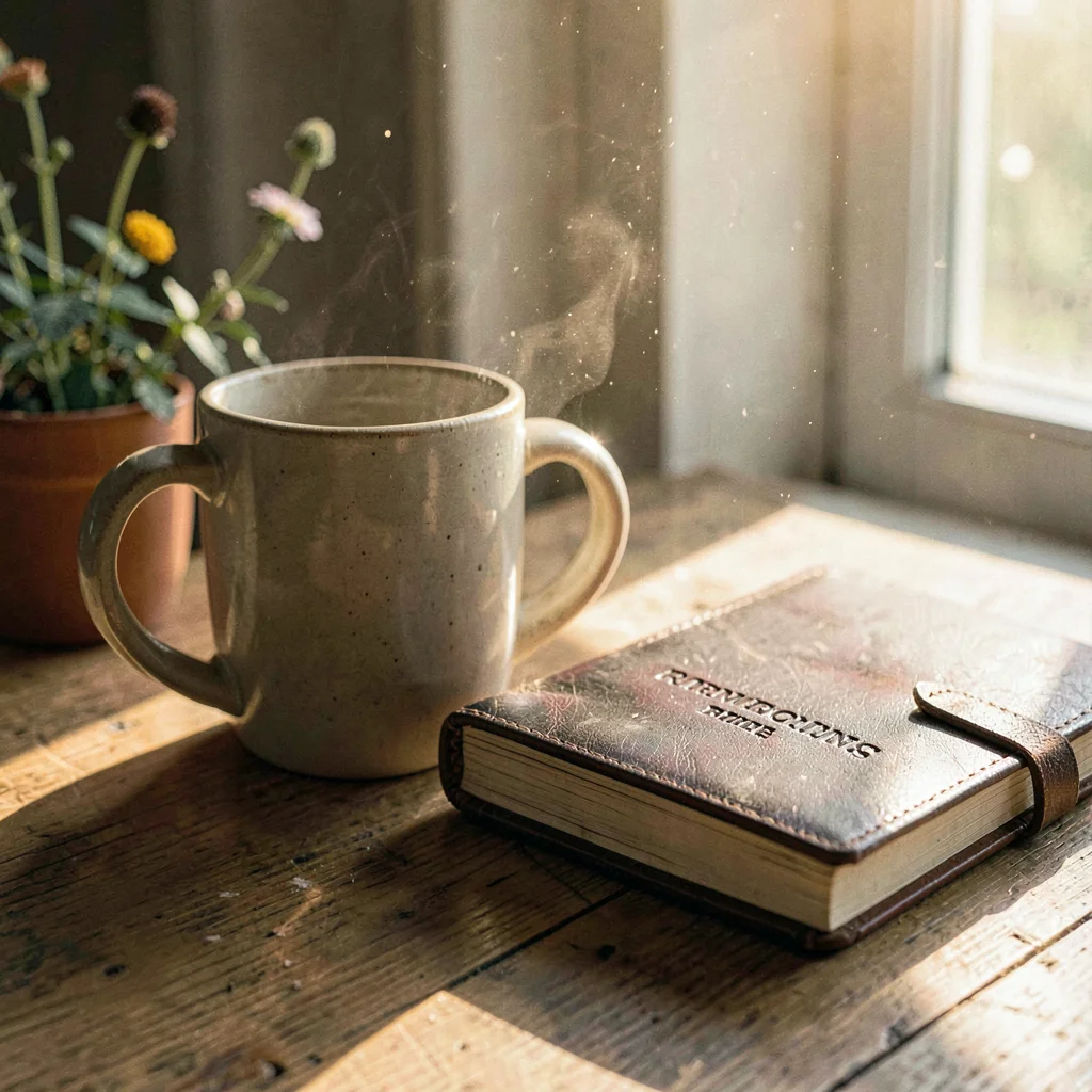 Cassia-warmstack style still-life of a single ceramic mug beside a leather-bound