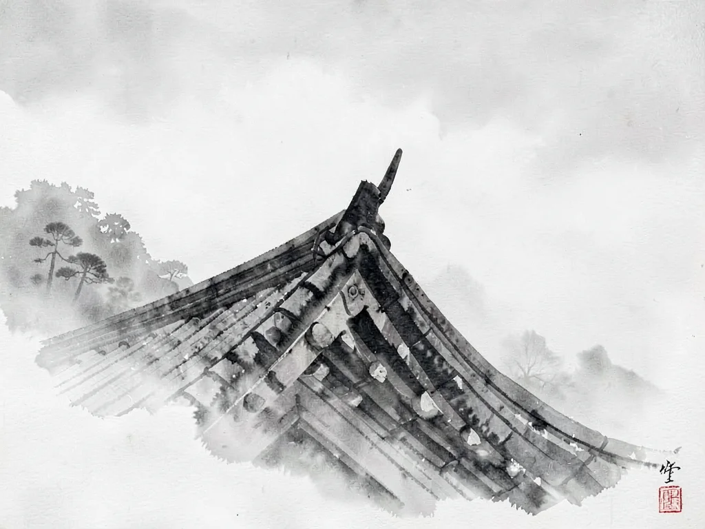Temple roof corner emerging from mist