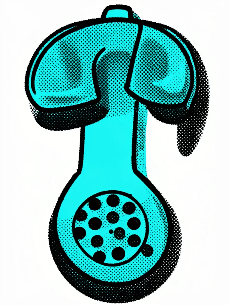 Telephone handset close-up, flat turquoise, bold black outline, halftone shadow