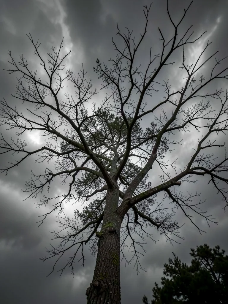 Tree in windstorm with multiple exposure, branches tracing every gust, weather m