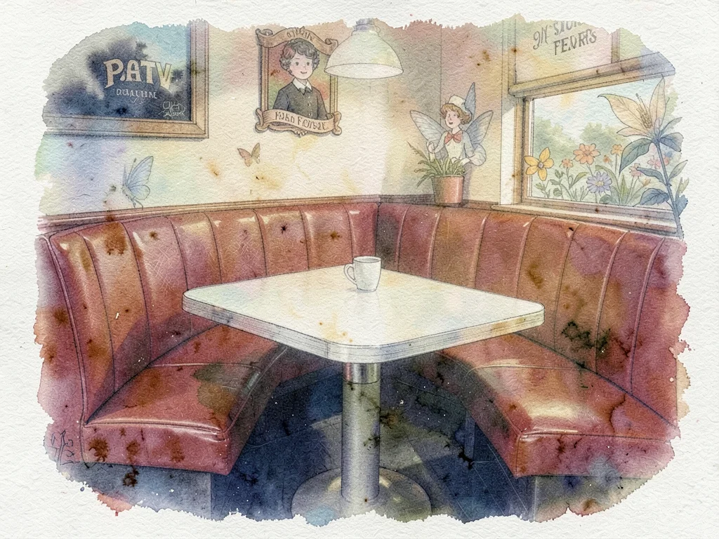 Fast food restaurant booth, red vinyl seats and formica table, dreamy victorian 
