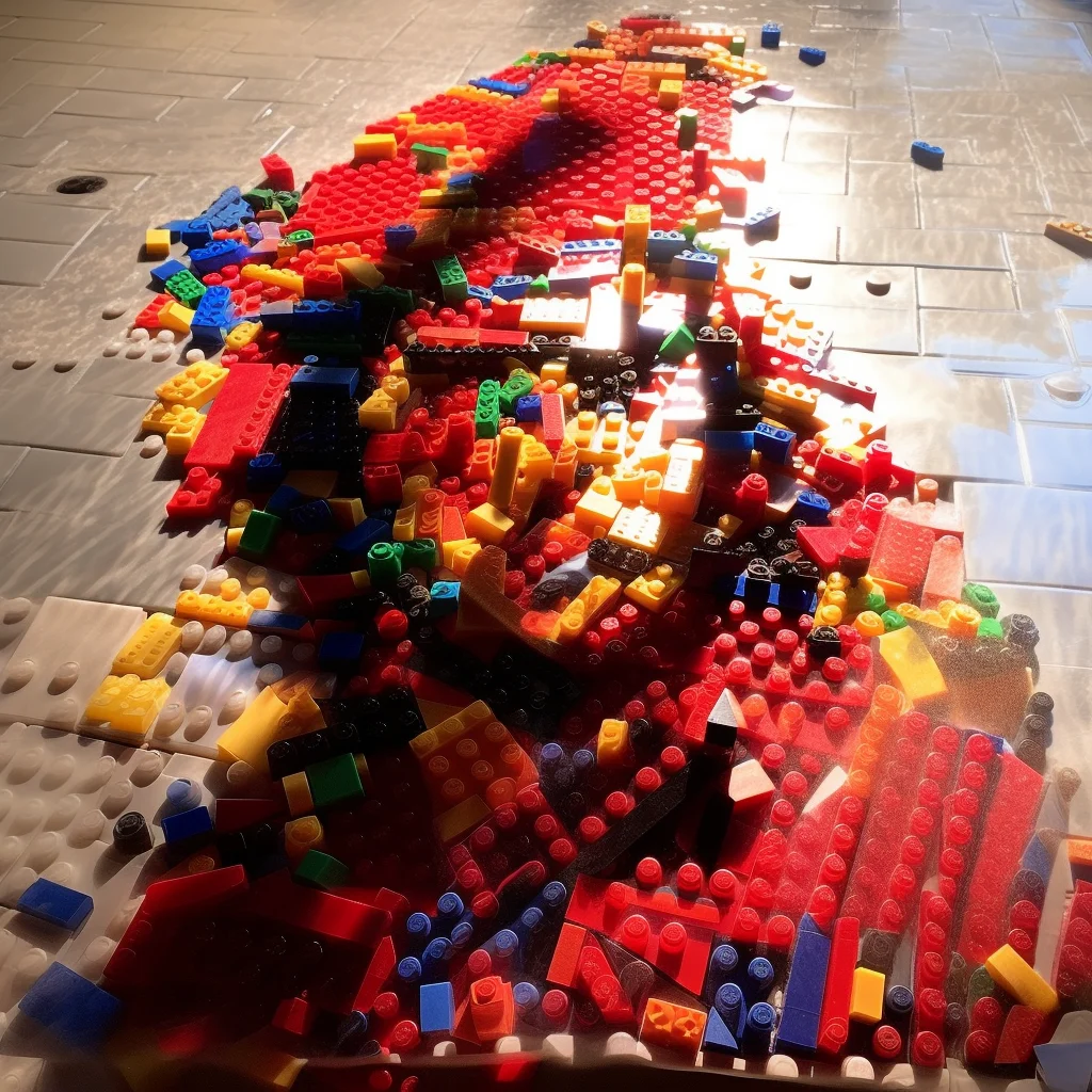 Photo of lego bricks dispersed on a carpet floor crea