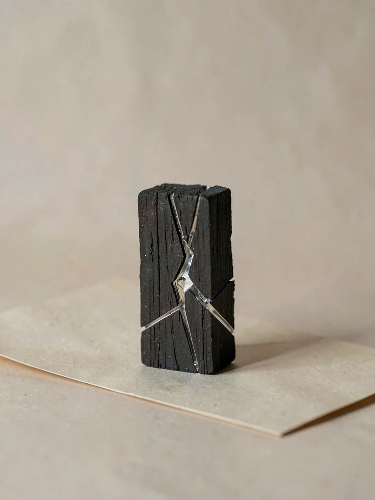 A solitary chunk of binchotan charcoal standing upright on beige paper, glassy f