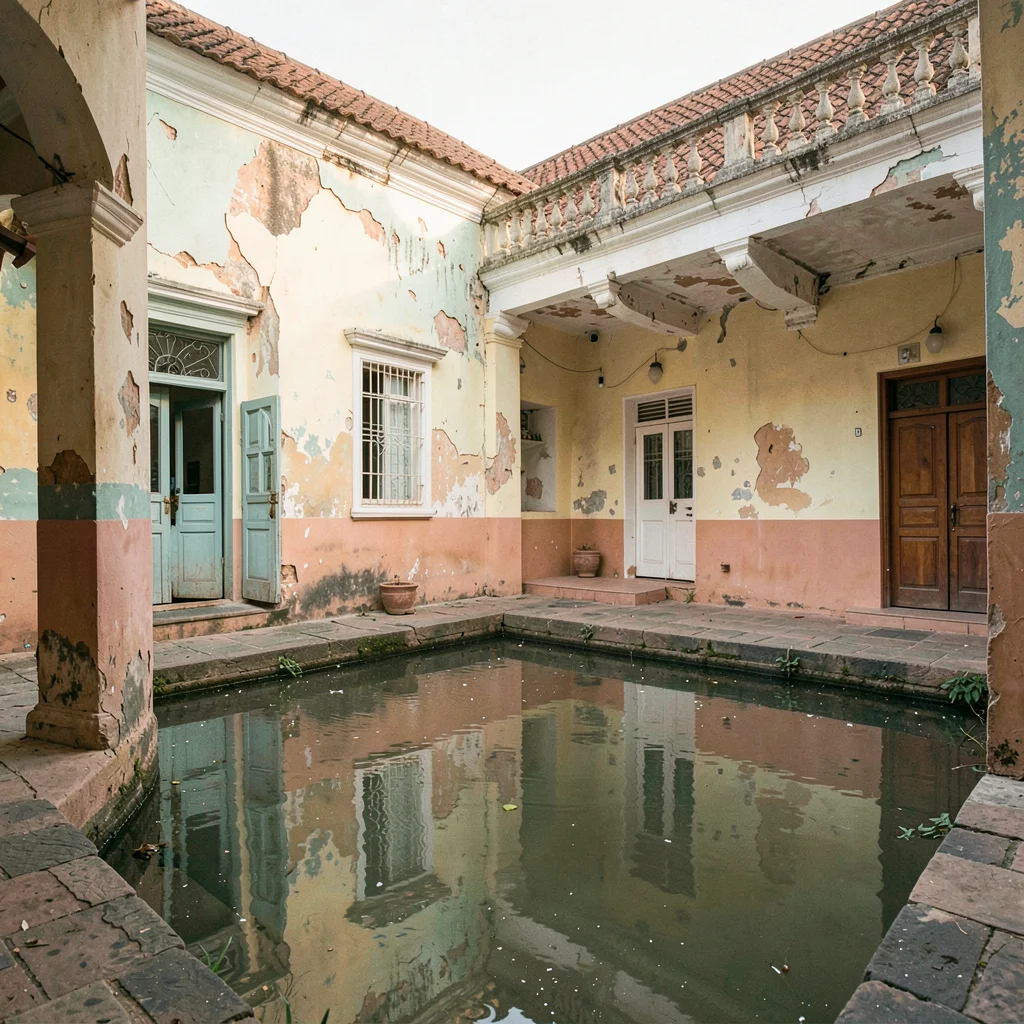 Soft morning light on faded colonial pastels, Saint-Louis Senegal, Interior cour