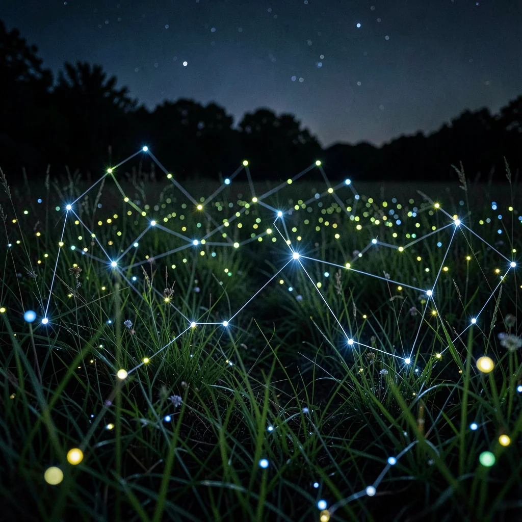 A 30-second exposure of fireflies in a meadow at night, their bioluminescence dr