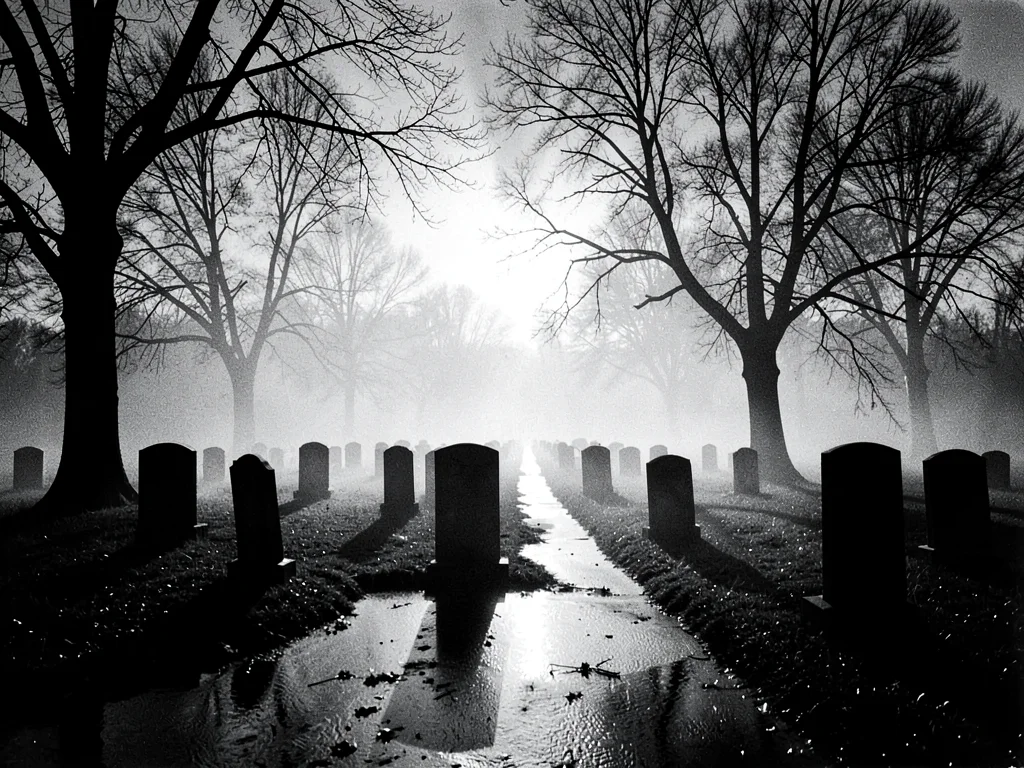 Fog rolling through cemetery at dusk, bare trees, silhouettes of headstones