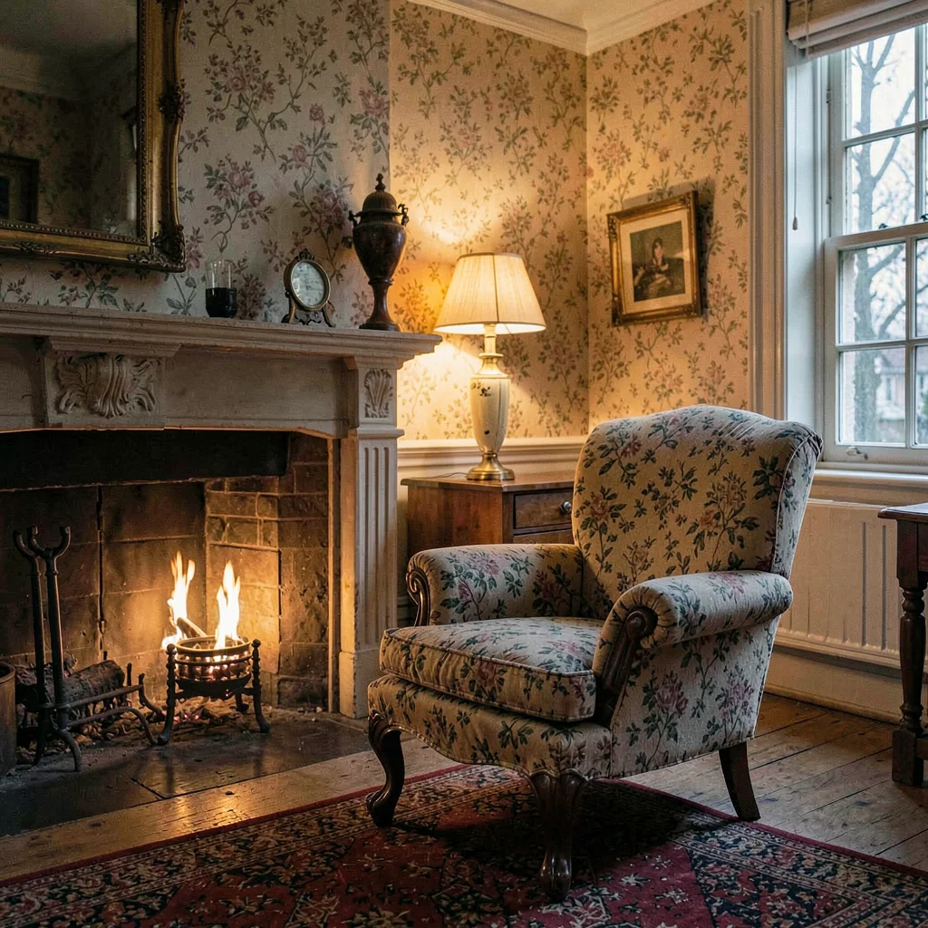 inside an English vicarage parlour at lamplight evening, faded wallpaper warmed 