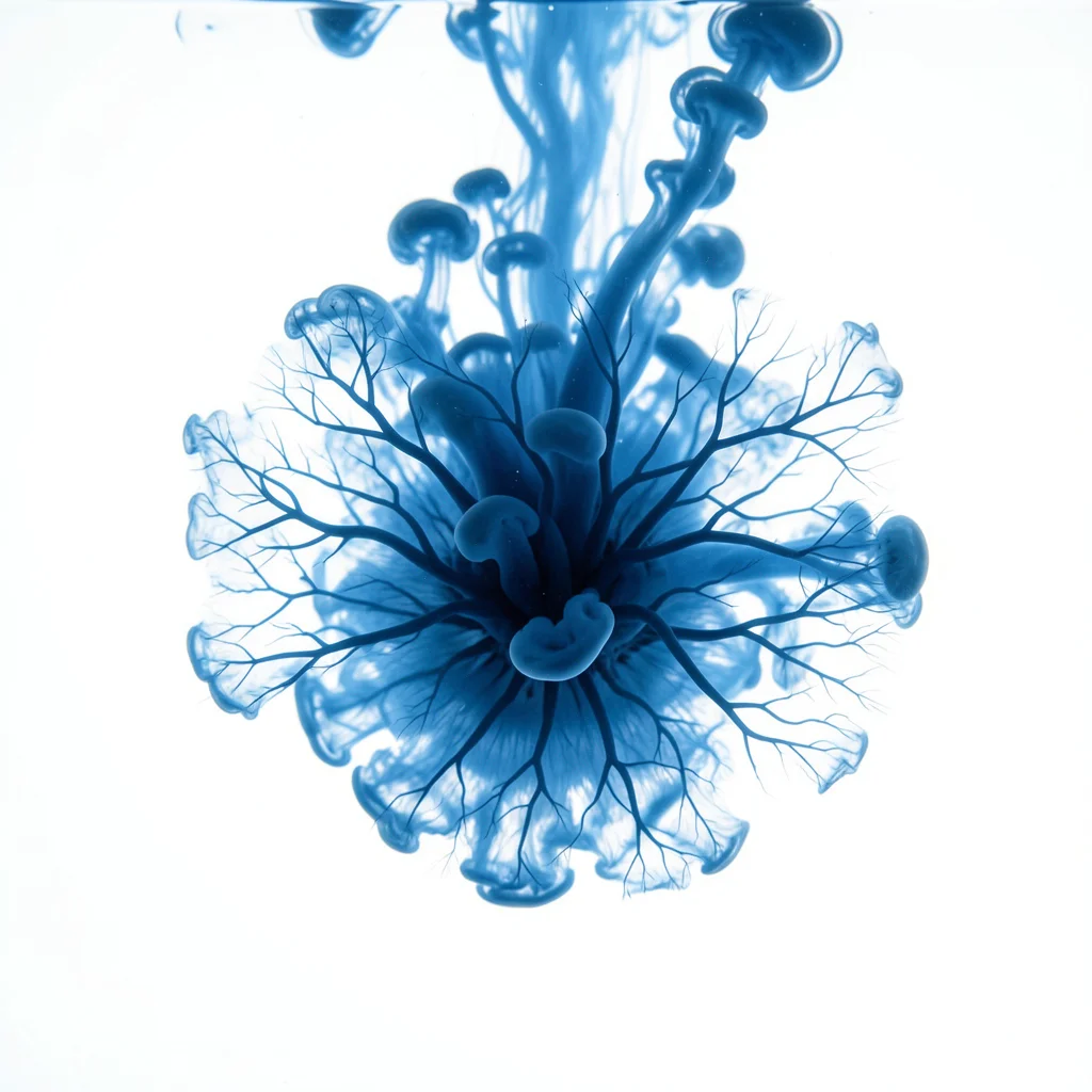Ink bloom shot from directly below looking up through clear water at the spreadi