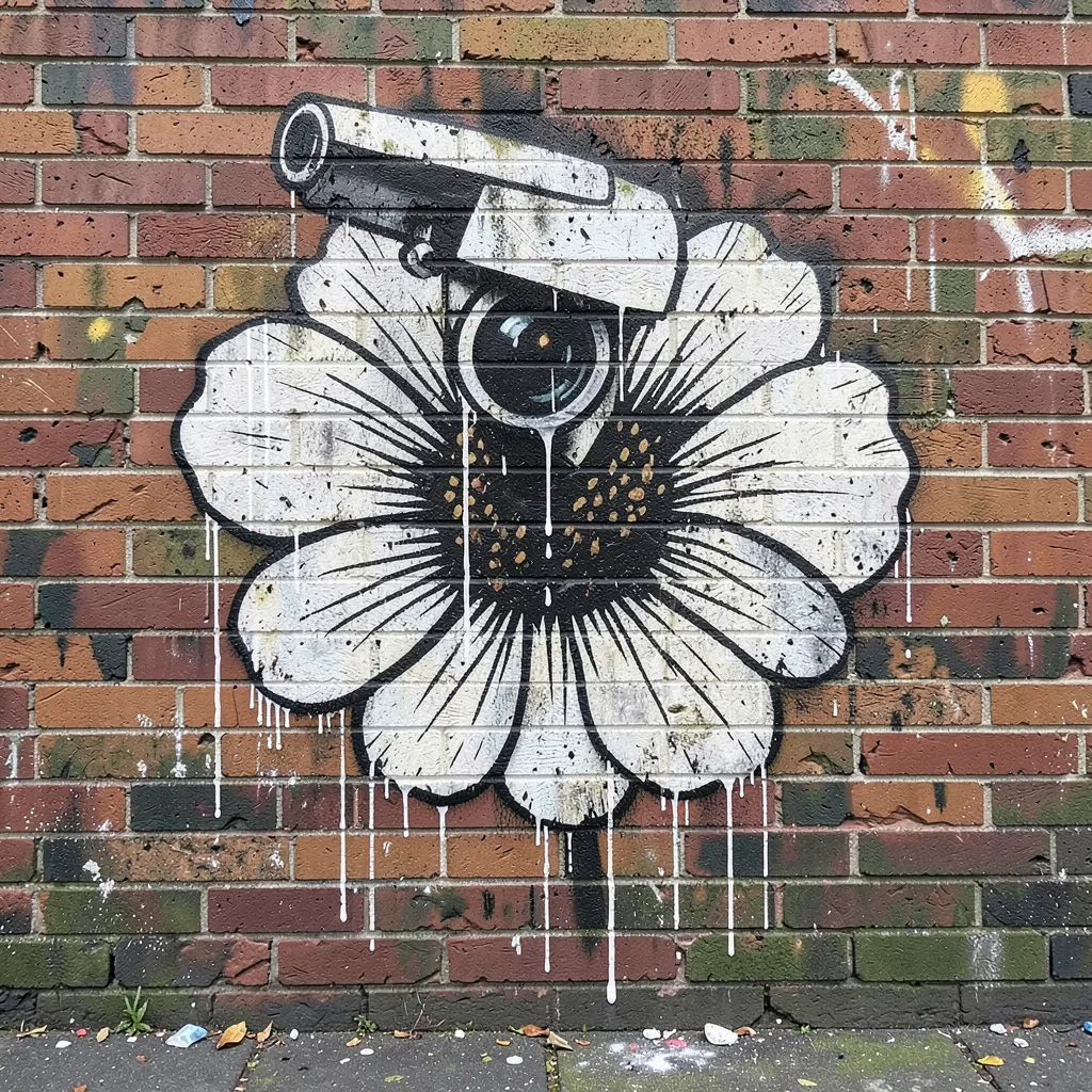 Surveillance camera sprayed to look like a flower, stencil on brick, one drip fr