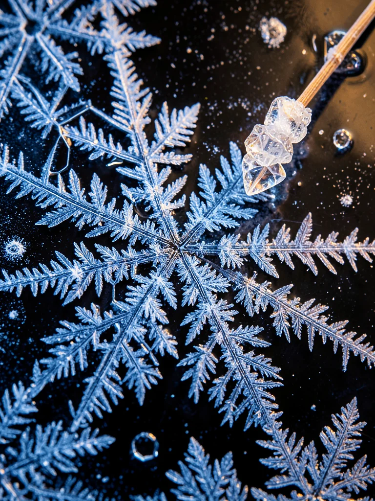 Rock candy crystal cluster on a stick, faceted sugar surfaces refracting light