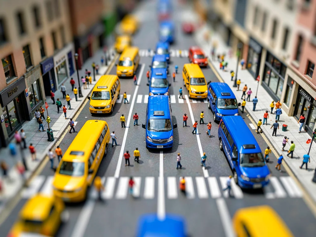 Pedestrian-bridge tilt-shift photograph of a busy urban avenue, saturated mustar