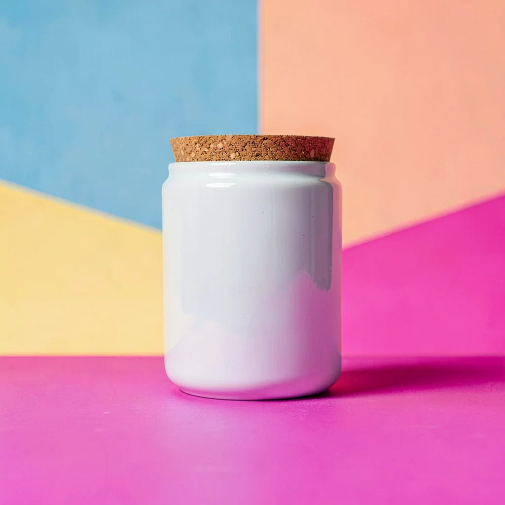 single ceramic pet-treat-jar with a wooden cork-lid straight-on against a satura