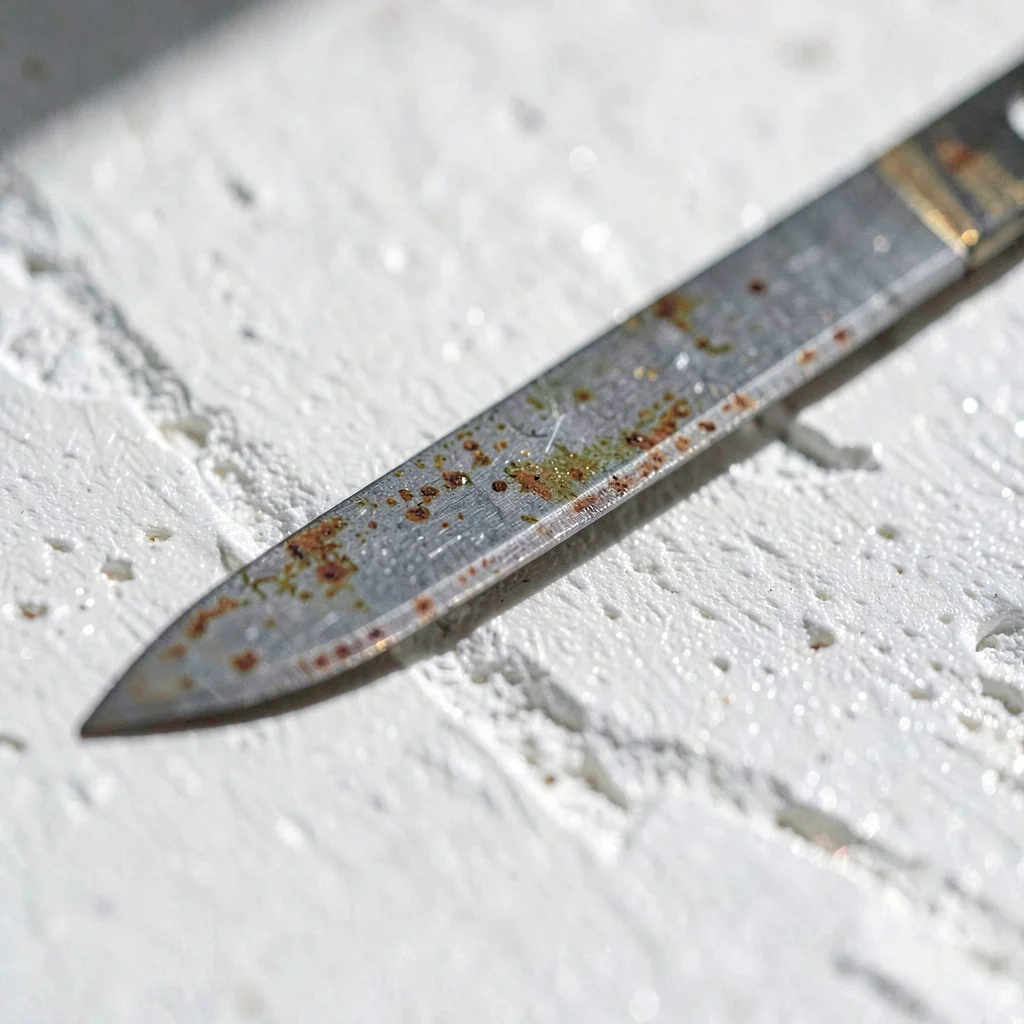 Mineralcut detail of a single carbon steel knife edge with patina against white 
