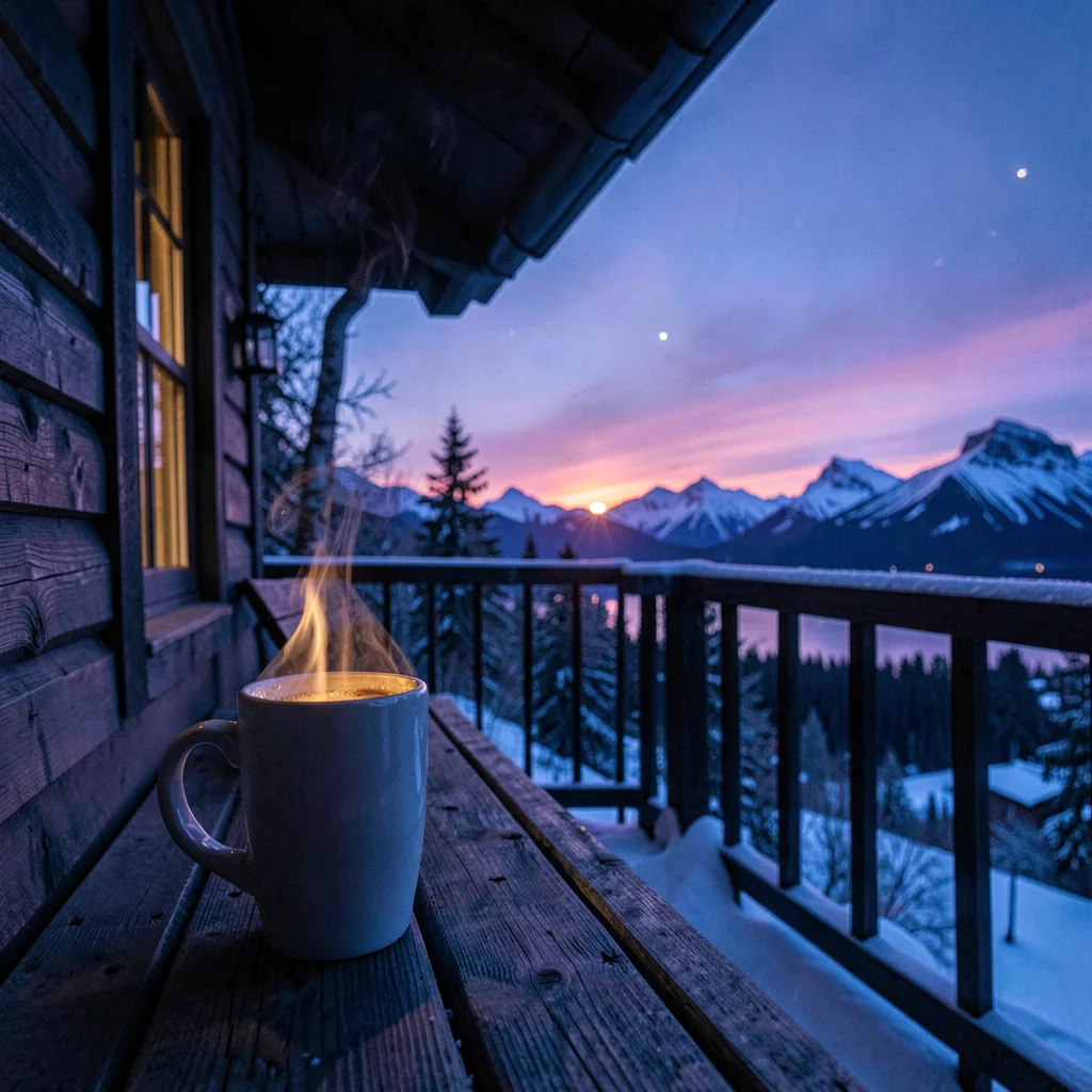 Polar liminal light, extended blue hours, Hot coffee steaming on a cabin porch a